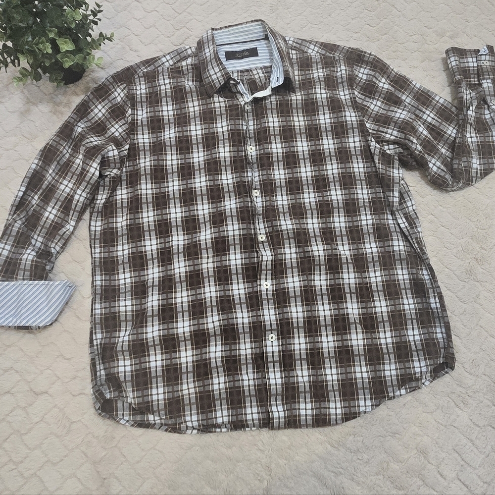 Tasso Elba Brown Plaid Men's Button-Down Collared Dress Shirt, Size XL
